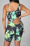 Green Sexy Print Patchwork One Shoulder Skinny Jumpsuits