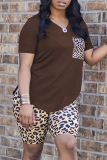 Coffee Fashion Casual Leopard Printing V Neck Short Sleeve Two Pieces