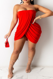 Red Sexy Solid Patchwork Strapless Irregular Dress Plus Size Dresses