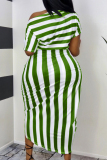 Green Fashion Casual Striped Print Asymmetrical Oblique Collar Short Sleeve Dress Plus Size Dresses