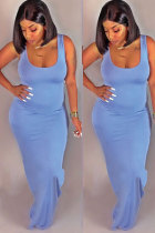 Light Blue Sexy Fashion Tank Sleeveless Slip Step Skirt Ankle-Length Patchwork Solid Casual Dresses