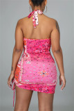 Pink Fashion Sexy Print Hollowed Out Backless Halter Pencil Dresses