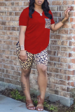 Red Fashion Casual Leopard Printing V Neck Short Sleeve Two Pieces