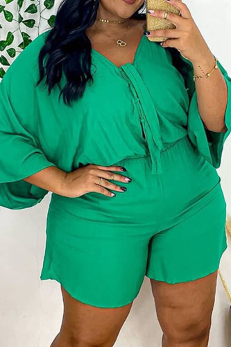Green Fashion Casual Solid Basic V Neck Plus Size Two Pieces