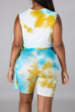 Yellow Blue Casual Print Patchwork O Neck Sleeveless Two Pieces