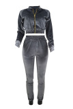 Grey Elastic Fly Long Sleeve Mid Patchwork pencil Pants Two-piece suit
