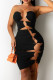 Black Sexy Solid Hollowed Out Backless Strap Design Strapless Sleeveless Dress