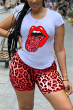 Red Fashion Casual Lips Leopard Print Set