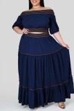 Deep Blue Fashion Casual Solid Patchwork Off the Shoulder Plus Size Two Pieces