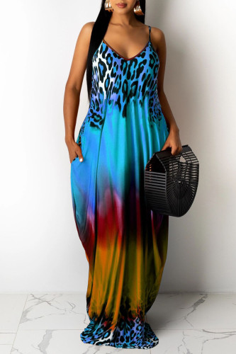 Blue Sexy Casual Print Backless V Neck Sling Loose Dress