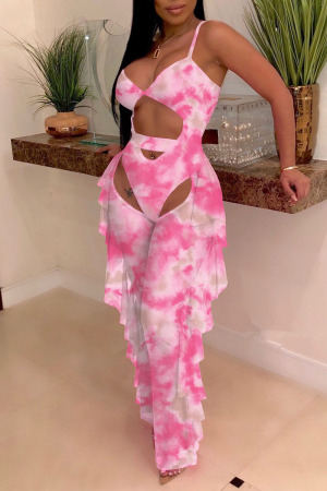 Pink Fashion Sexy Print Hollowed Out Backless Swimwears Set