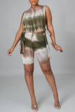 Green Casual Print Patchwork O Neck Sleeveless Two Pieces