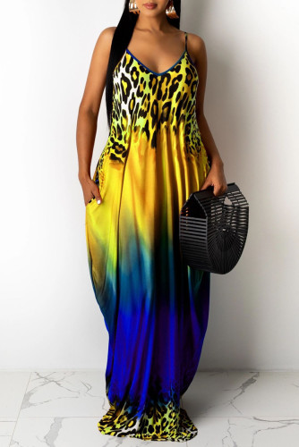 Yellow Sexy Casual Print Backless V Neck Sling Loose Dress