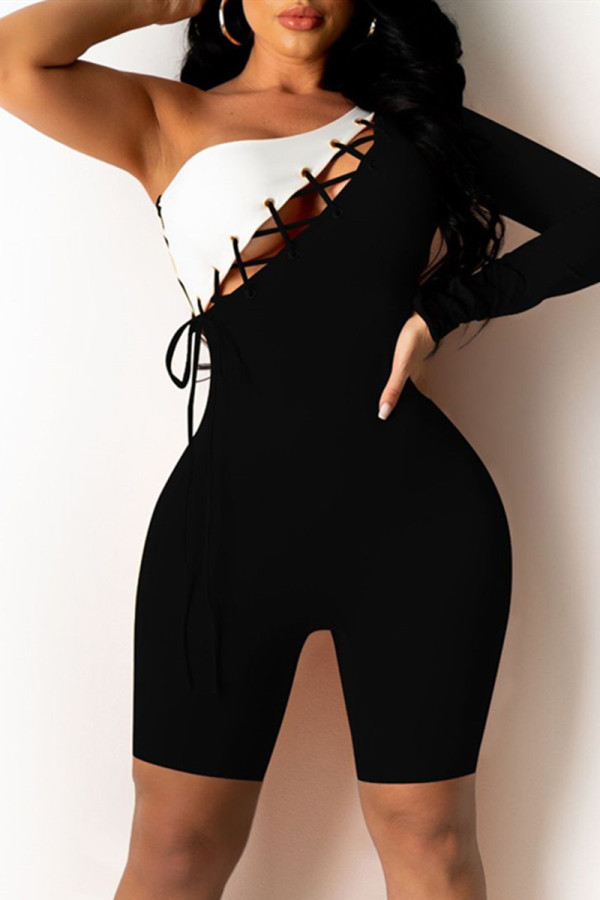 Black Sexy Casual Patchwork Strap Design Oblique Collar Skinny Romper