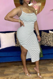Grey Sexy Casual Striped Print Backless Slit One Shoulder Sling Dress