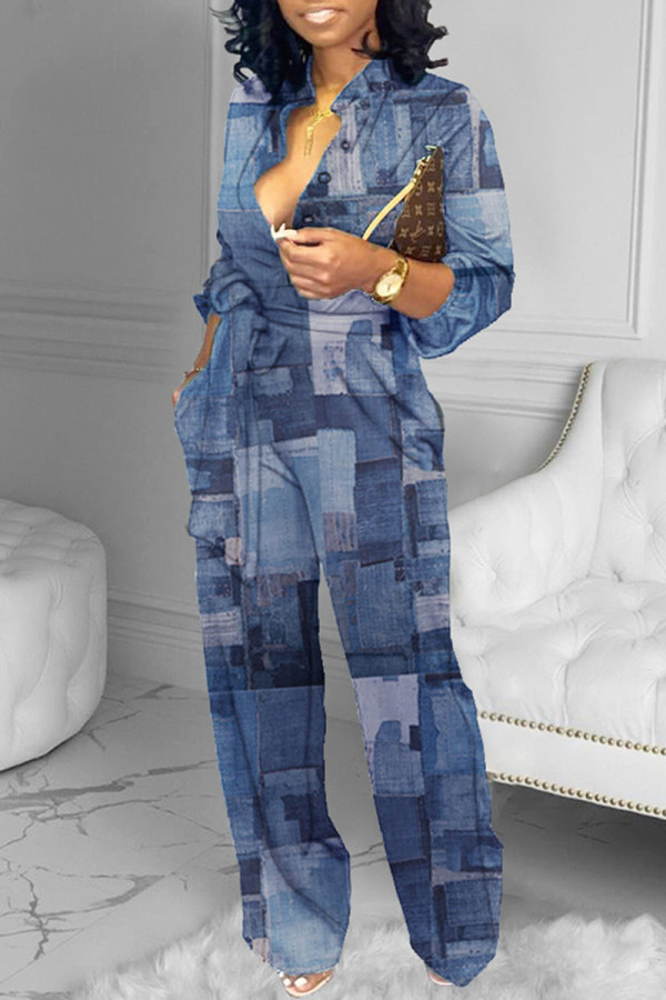 Blue Fashion Casual Print With Belt Regular Jumpsuits