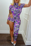 Purple Fashion Sexy Print Hollowed Out Asymmetrical Turtleneck Short Sleeve Two Pieces