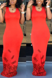 Red Fashion Printed Sleeveless Floor Length Dress