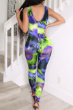 Fluorescent Green Fashion Sexy Print Tie Dye Backless V Neck Skinny Jumpsuits