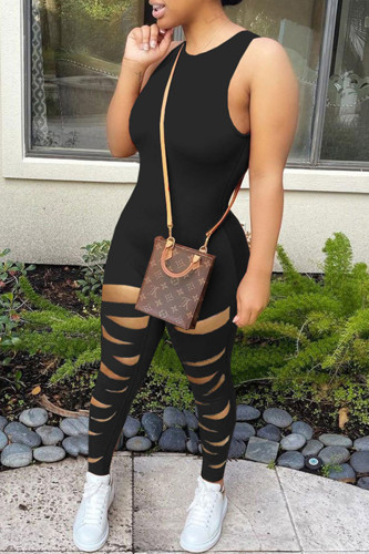 Black Sexy Casual Solid Ripped O Neck Skinny Jumpsuits