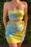 Yellow And Blue Sexy Print Tie Dye Backless Strap Design Strapless Sleeveless Three-piece Set