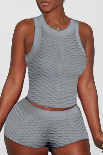 Grey Sexy Solid Patchwork O Neck Sleeveless Two Pieces