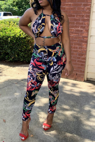 Multicolor Fashion Sexy Print Backless Halter Sleeveless Two Pieces