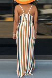 Colour Fashion Sexy Striped Print Backless Slit Spaghetti Strap Sleeveless Dress