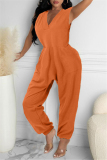 Orange Fashion Casual Solid Pocket V Neck Sleeveless Regular Jumpsuits