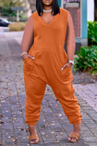 Orange Fashion Casual Solid Pocket V Neck Sleeveless Regular Jumpsuits