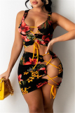 Black Sexy Print Hollowed Out Strap Design Boat Neck Sleeveless Two Pieces