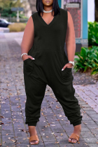 Black Fashion Casual Solid Pocket V Neck Sleeveless Regular Jumpsuits