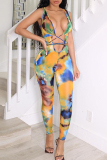 Red Fashion Sexy Print Tie Dye Backless V Neck Skinny Jumpsuits