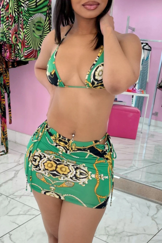 Green Fashion Sexy Print Backless Strap Design Swimwears