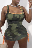 Green Sexy Print Bandage Contrast U Neck A Line Dresses