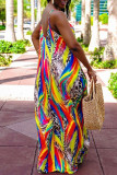 Rainbow Color Sexy Casual Print Backless V Neck Sling Suspender Long Maxi Dress