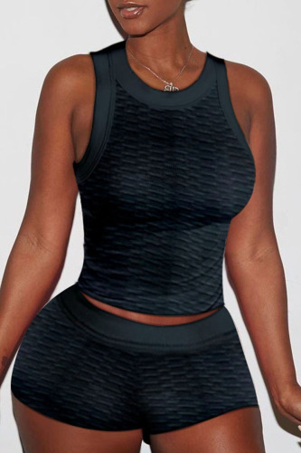Black Sexy Solid Patchwork O Neck Sleeveless Two Pieces