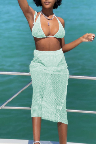 Light Blue Fashion Sexy Solid See-through Backless Swimwears