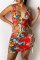 Red Sexy Print Hollowed Out Strap Design Boat Neck Sleeveless Two Pieces
