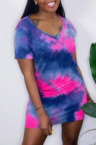 Deep Blue Fashion Casual Tie Dye Printing V Neck Short Sleeve Dress
