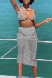 Grey Fashion Sexy Solid See-through Backless Swimwears