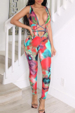 Tangerine Red Fashion Sexy Print Tie Dye Backless V Neck Skinny Jumpsuits
