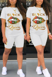Black Fashion Letter Lips Print T-shirt Shorts Set
