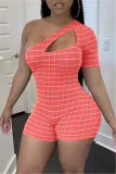 Rose Red Sexy Casual Plaid Patchwork Print Hollowed Out Oblique Collar Skinny Romper