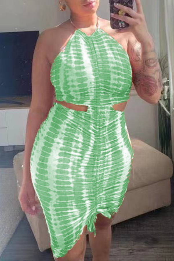 Green Sexy Casual Print Hollowed Out Backless O Neck Sleeveless Dress