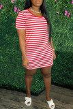 Red Fashion Casual Striped Print Basic O Neck Short Sleeve Dress