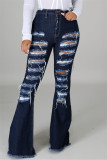 Baby Blue Fashion Casual Solid Ripped High Waist Boot Cut Jeans