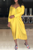 Yellow Fashion Casual Solid Basic Off the Shoulder Long Sleeve Dresses