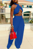 Blue Fashion Sexy Solid Backless Halter Sleeveless Two Pieces
