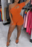 Orange Sexy Casual Plaid Patchwork Print Hollowed Out Oblique Collar Skinny Romper